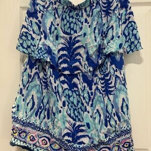 Lilly Pulitzer Blue and Green Graphic Strapless Dress